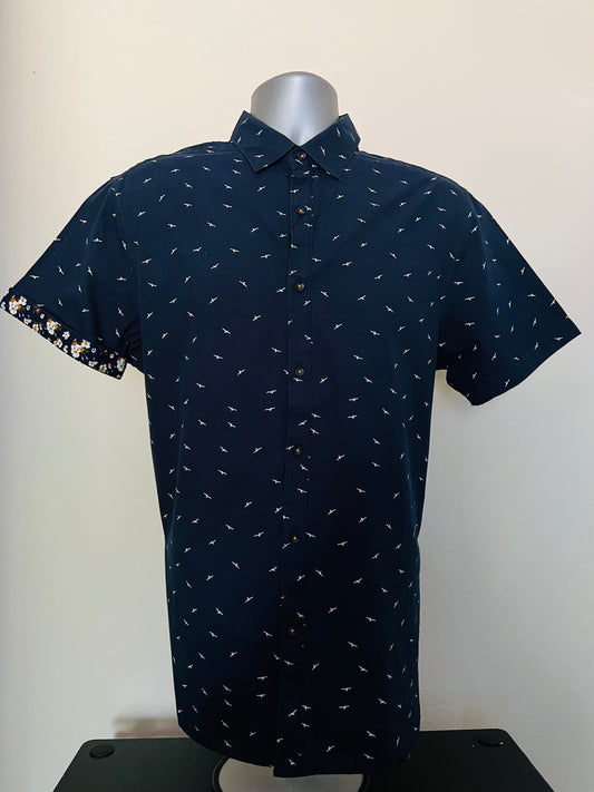 100% Cotton Short Sleeve Button Shirt (Mens) (Navy/white)