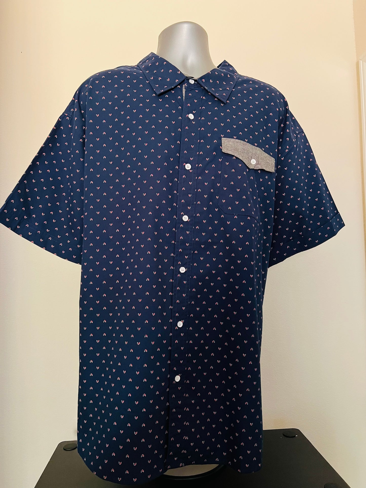 100% Cotton Short Sleeve Button Shirt (Mens) (Navy/Red)